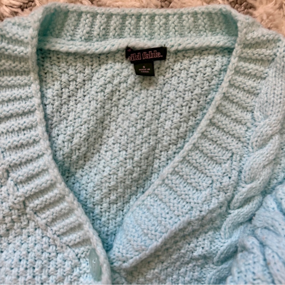 Baby Blue🩵Embroidered Floral 🌸 Cropped Cable Knit Cardigan Cottagecore Sweater - Picture 3 of 5